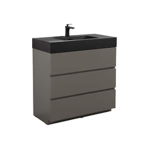 Aaby 36 in. W x 18 in. D x 37 in. H Bath Vanity Cabinet in Gray with Black Solid Surface Top and Sink