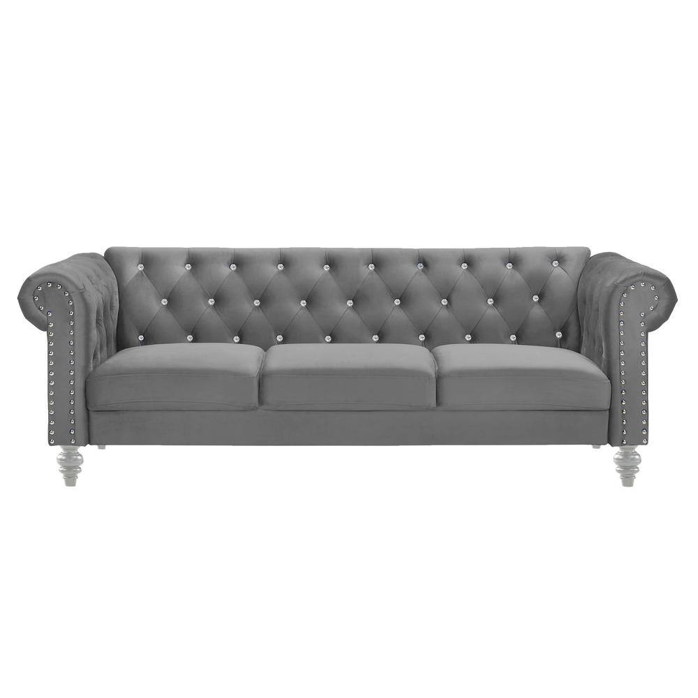 Emma Gray Velvet Chesterfield Loveseat and Sofa Set with Crystal Buttons
