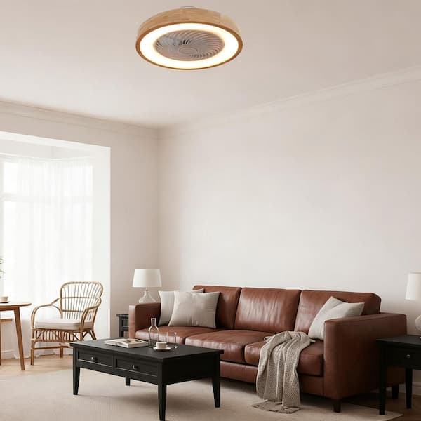 20 in. Indoor Wood Color and White Modern Round Enclosed Ceiling Fan with 3-Color Integrated LED and Remote