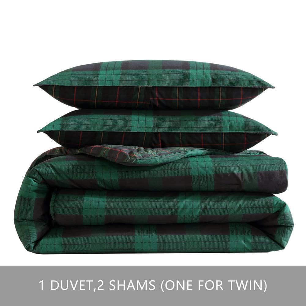 Twin Green and Navy Cotton Tartan Plaid Duvet Cover Set