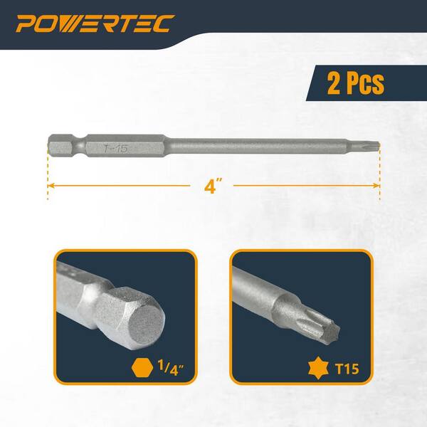 POWERTEC T15 Torx 4 in. Alloy Steel Zinc-Plated Driver Bit with Depth Stop  for Edge Deck Screws (2-Pack) 72187N
