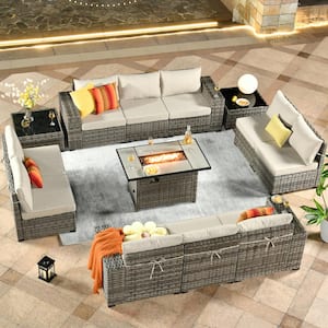 Crater Grey 13-Piece Wicker Wide-Plus Arm Outdoor Fire Pit Patio Conversation Sofa Set with Beige Cushions