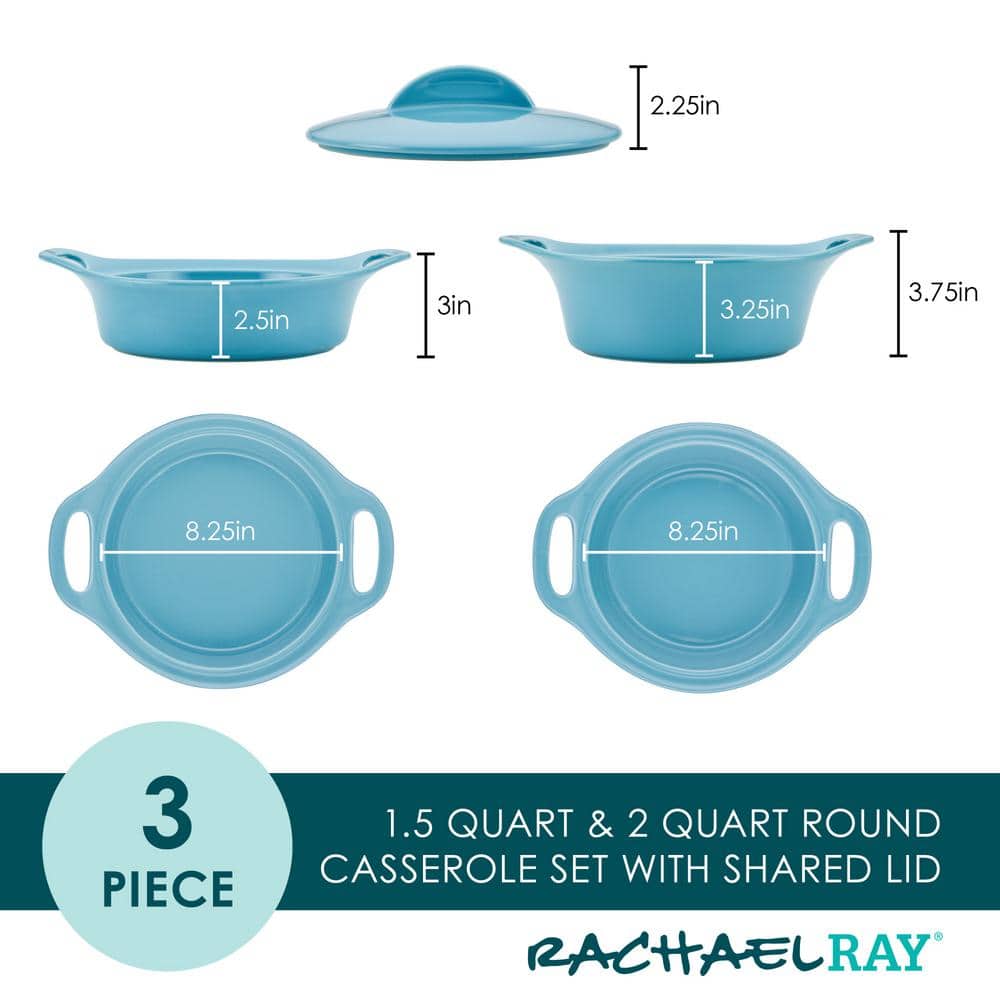 Agave Blue Ceramic Round Casserole Dish Set with Shared Lid