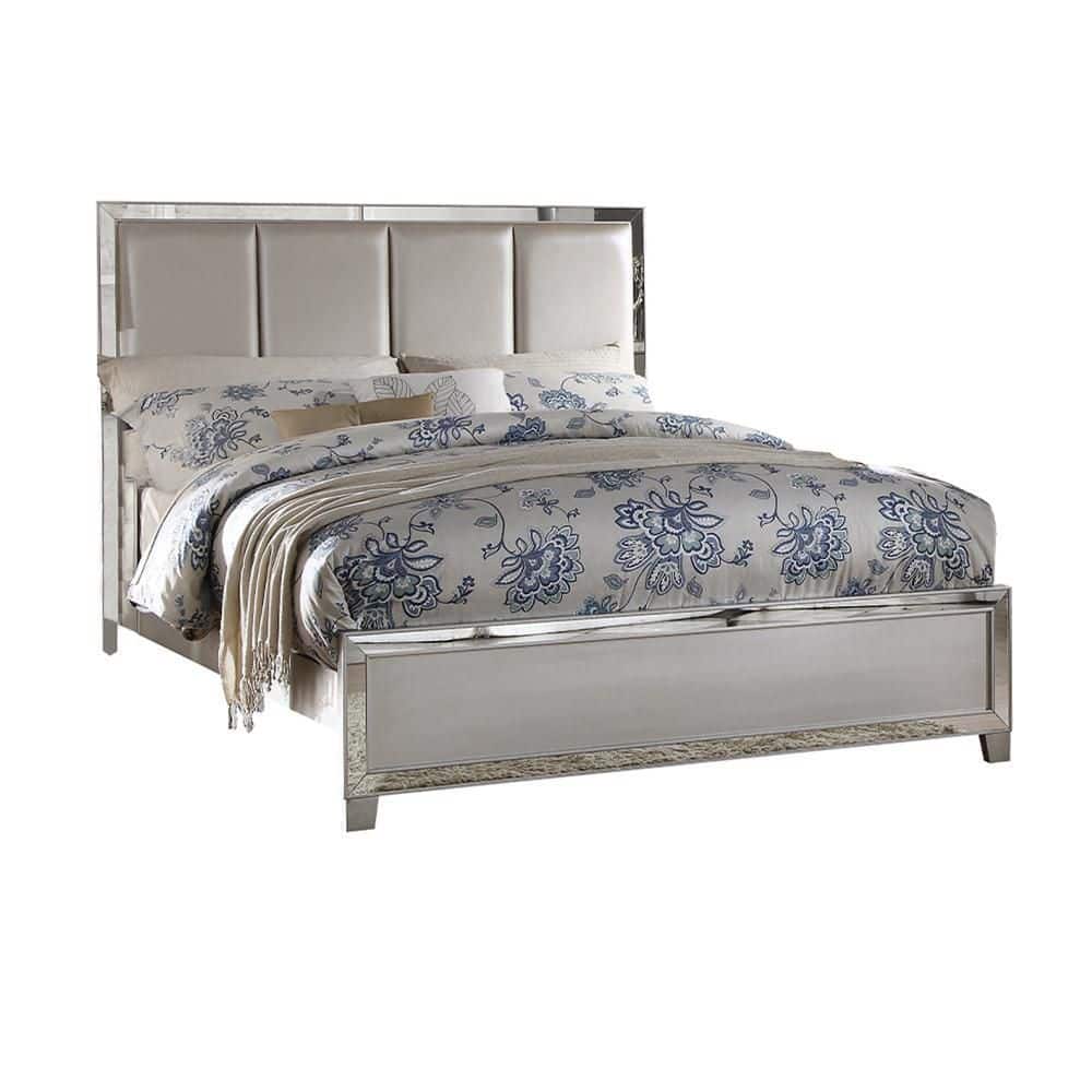 Elegant Platinum King Bed with Tufted Faux Leather Headboard and Storage