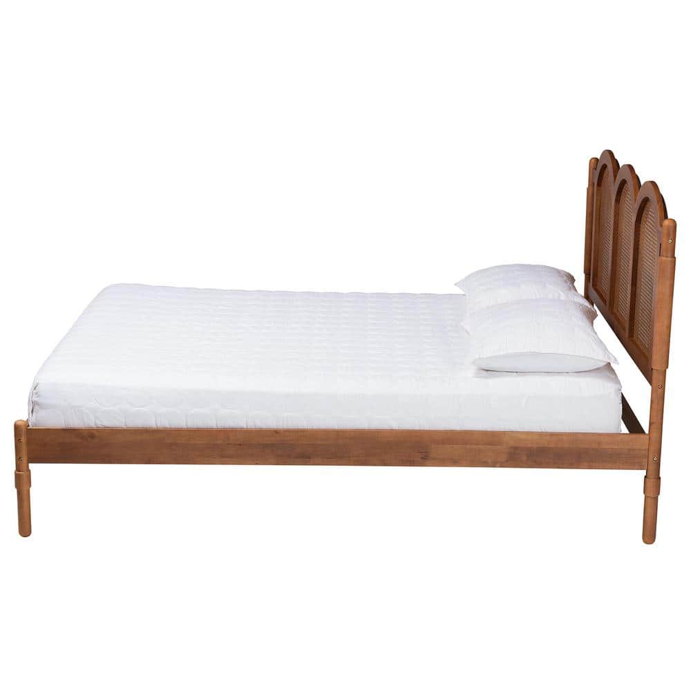 Walnut Brown Wood Queen Platform Bed with Woven Rattan Headboard