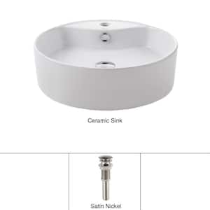 Round Ceramic Vessel Bathroom Sink with Overflow in White with Pop Up Drain in Satin Nickel