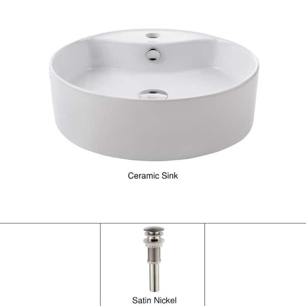 KRAUS Round Ceramic Vessel Bathroom Sink with Overflow in White with Pop Up Drain in Satin Nickel