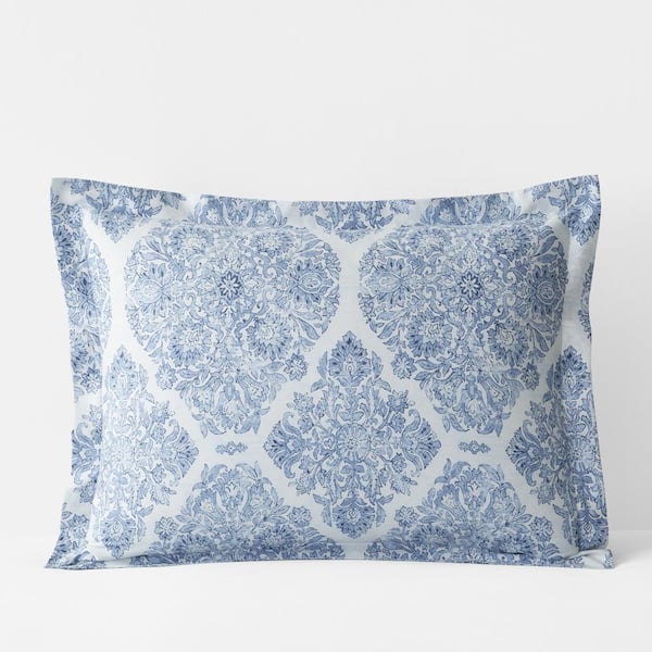 The Company Store Legends Luxury Royal Damask Cotton Blue/White Sateen King Sham