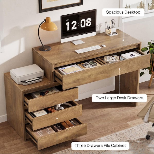 BYBLIGHT Moronia 63 in. Rectangle Brown Wood 5-Drawer Computer