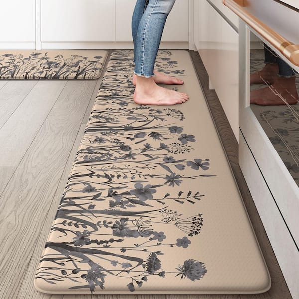 Farmhouse Brown Floral Washable Anti-Fatigue Kitchen Mat Set (17.3 in. x 59 in. and 17.3 in. x 29 in.)