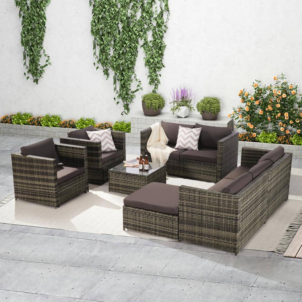 Home Wicker PE Depot Ottoman Gray The Dark Sofa Outdoor Rattan - Table, HDSA17OT041 Cushions 6-Piece and with Patio Coffee Set Sectional Afoxsos