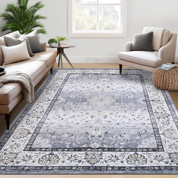 Soft Vintage Distressed Carpet Short Pile Non-slip Rug Washable Printed Rug Living Room Decorative Rug Gray 9X12ft