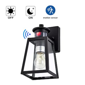 1-Light Black Motion Sensing Dusk to Dawn Outdoor Wall Lantern Sconce with Clear Tempered Glass