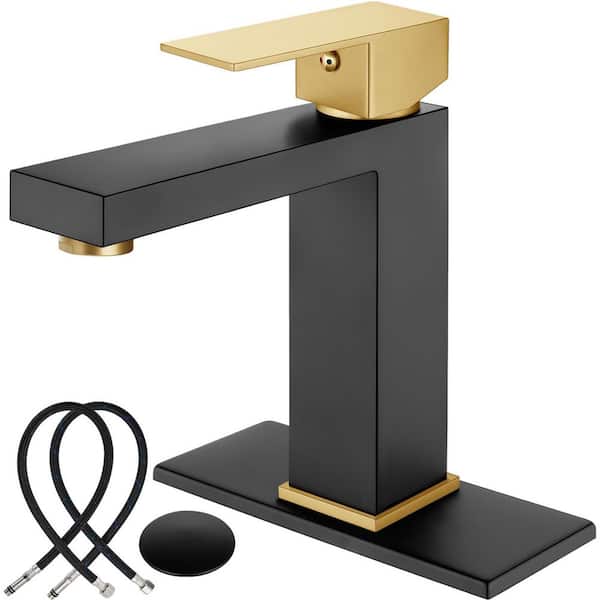 Unbranded single Handle Vessel Sink Faucet with Drain Kit Included Cover Plate Stainless Steel in Matte Black Brushed Gold Handle