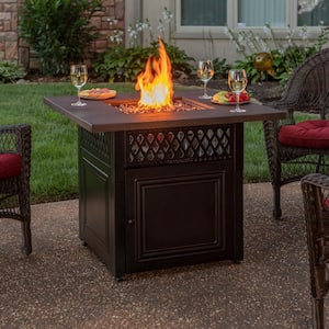 The DualHeat 37.8 in. x 30.7 in. Square Steel and Concrete Resin LP Gas Fire Pit with Hand Painted Wood Grain Mantel