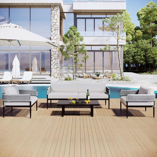 Unbranded Light Luxury Style Brown Gray 4-Piece Metal and Woven Rope Patio Conversation Set with Beige Zipper Open & Close Cushion