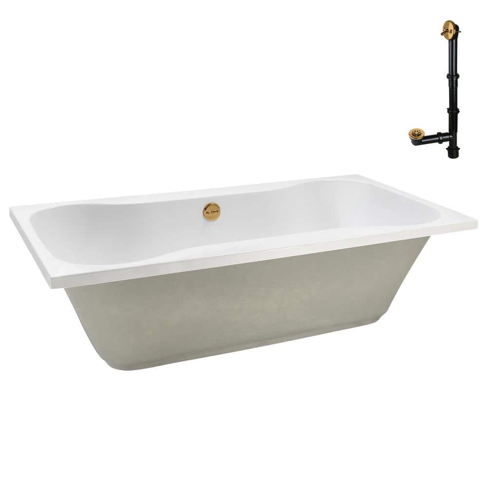 72'' Glossy White Acrylic Soaking Drop-In Bathtub with Brushed Gold Hardware