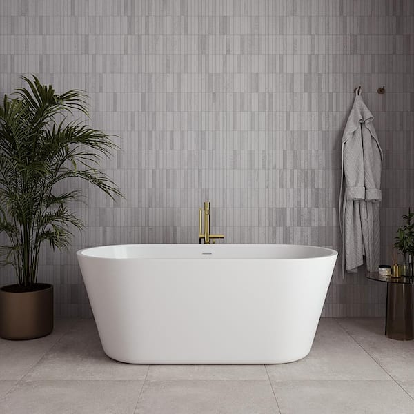 59 in. x 30 in. Acrylic Freestanding Soaking Bathtub in Glossy White with Polished Brass Drain