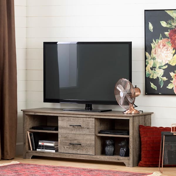 South Shore Fusion 59 in. Weathered Oak Particle Board TV Stand 65 in. with Cable Management