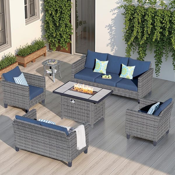 OVIOS New Star Gray 6-Piece Wicker Patio Rectangle Fire Pit Conversation Seating Set with Blue Cushions