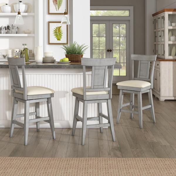 Antique Gray Panel Back Wood Swivel Bar Stool
