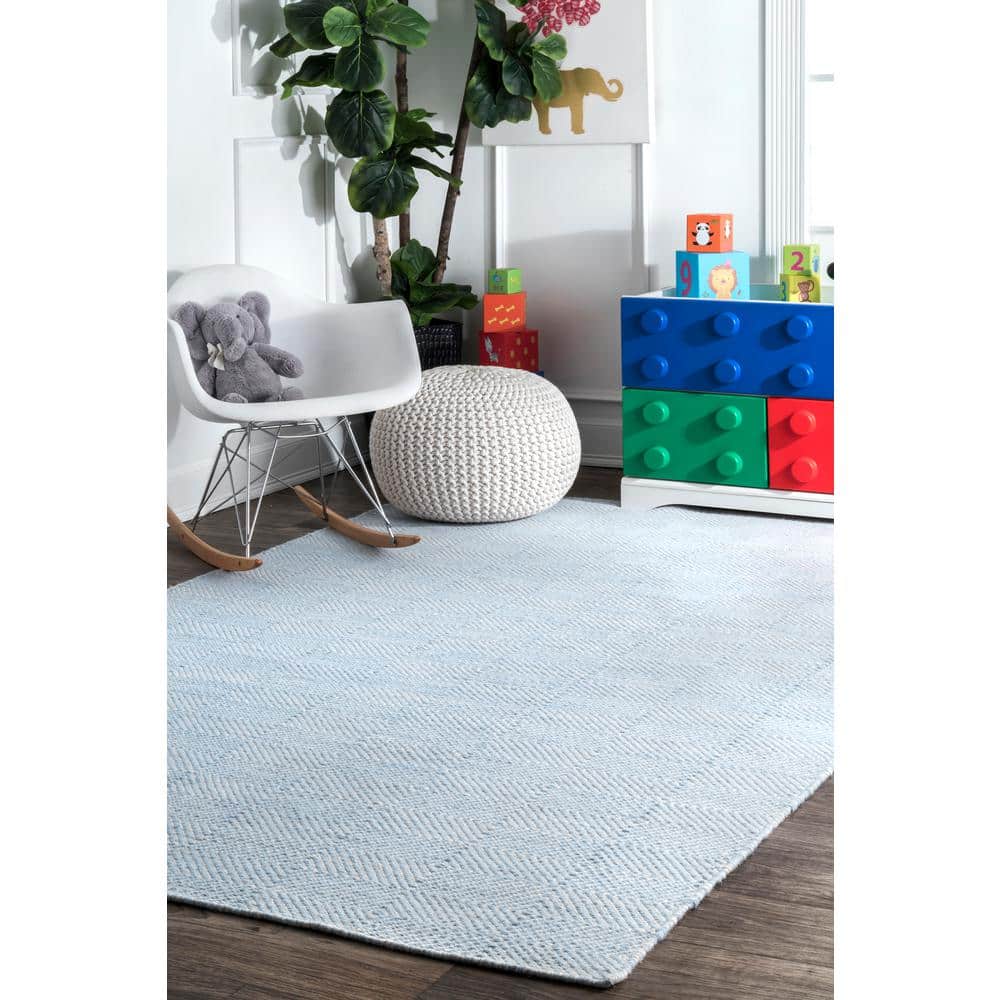 Light Blue Geometric Handwoven Wool Area Rug, 5' x 8'