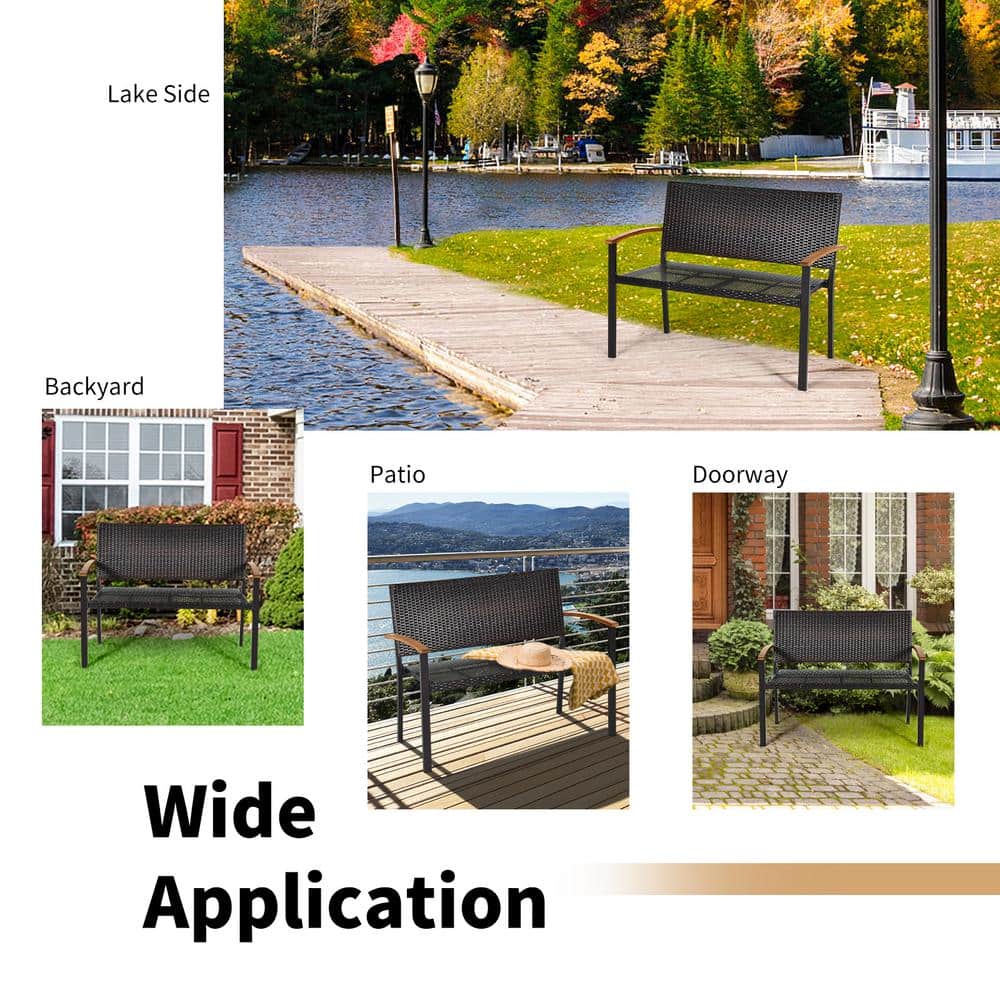 Weather-Resistant Rattan Wicker Loveseat with Steel Frame and Acacia Armrests