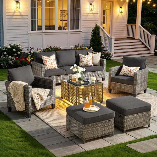 OVIOS New Vultros Gray 6-Piece Wicker Patio Conversation Set with