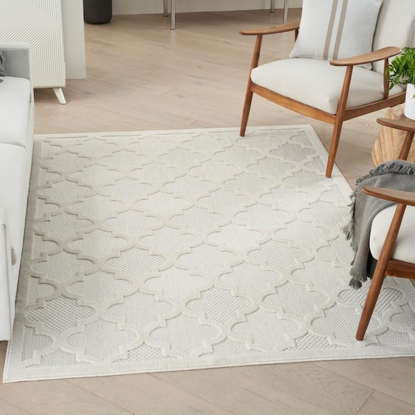 Easy Care Ivory/White 5 ft. x 7 ft. Geometric Contemporary Indoor Outdoor Area Rug