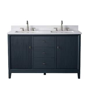 54 in. W Double Sink Freestanding Vintage Spruce Blue Bath Vanity Cabinet with Ariston White Engineered Marble Top