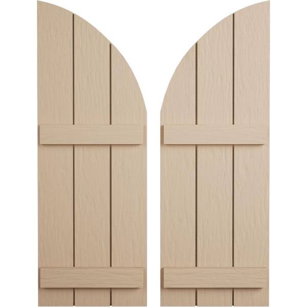 Ekena Millwork 16-1/2 in. x 40 in. Polyurethane Rough Sawn Three Board Joined Board-n-Batten Round Arch Top Shutters, Primed Tan