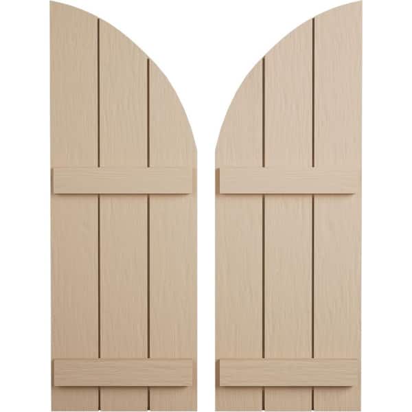 Ekena Millwork 16-1/2 in. x 44 in. Polyurethane Rough Sawn Three Board Joined Board-n-Batten Round Arch Top Shutters, Primed Tan