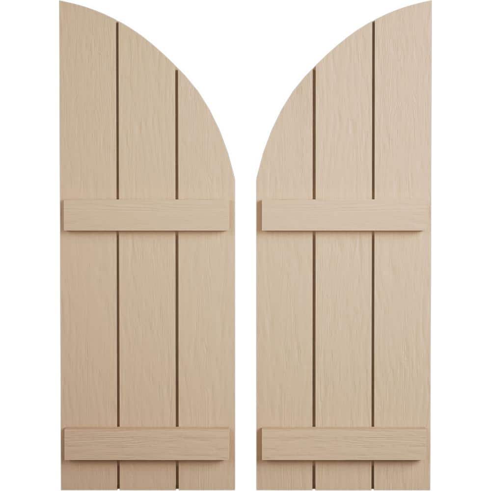 16-1/2 in. x 58 in. Polyurethane Rough Sawn Three Board Join.ed Board-n-Batten Quarter Arch Top Shutters Primed Tan price history on PriceWatchPro