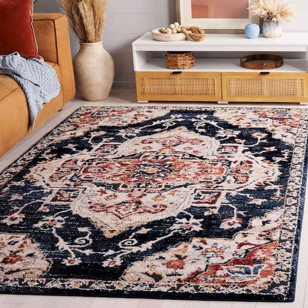 Luna 7 ft. x 7 ft. Navy/Beige Rust Ornate Border Medallion Square Area Rug
