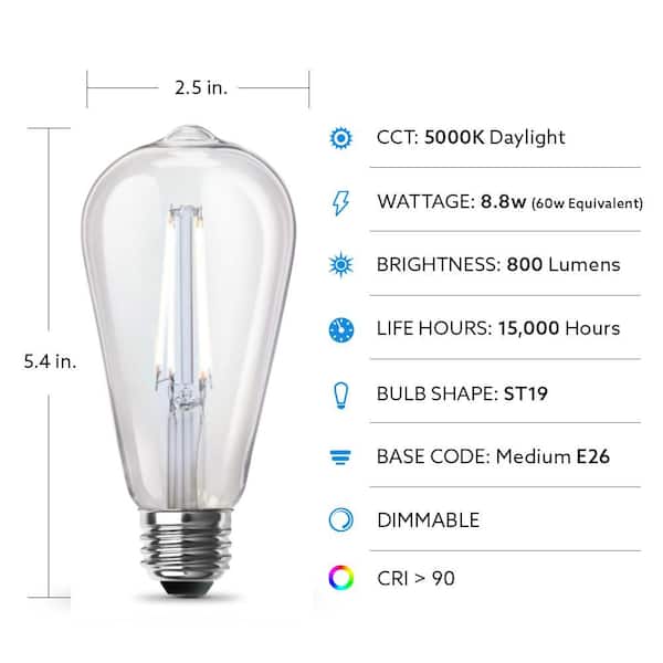 Feit Electric 60-Watt Equivalent ST19 Dimmable LED Clear Glass Vintage Edison Light Bulb With Straight Filament Daylight (4-Pack)