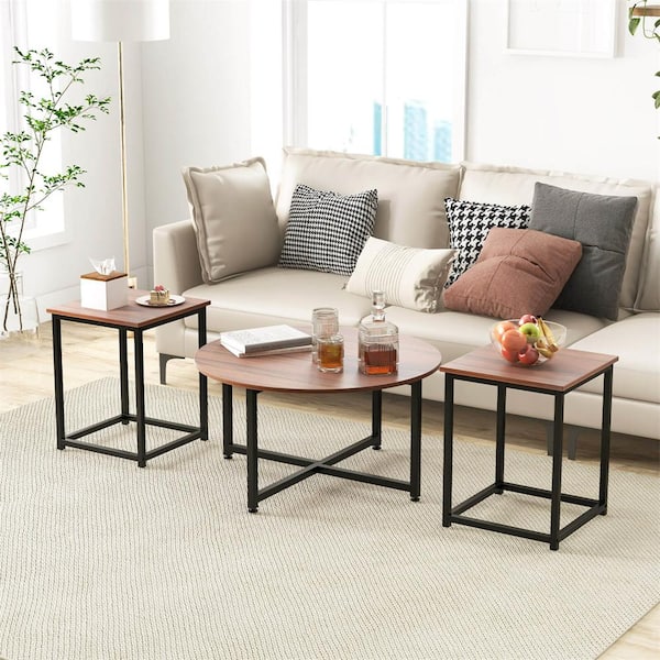 31.5 in. Walnut Round Wood Coffee Table with 2-Piece End Tables