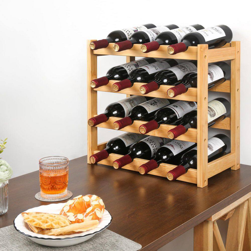 Wudkey 16-Botttle Natural 17.1 in. W Bamboo Wine Rack, 4-Tier ...
