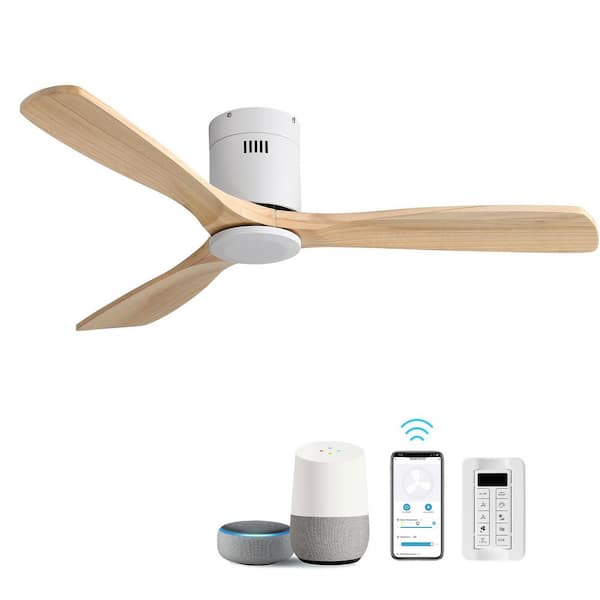 52 in. Smart Standard Indoor/Outdoor Wood Blades White Flush Mount Ceiling Fan with Romote&APP Control