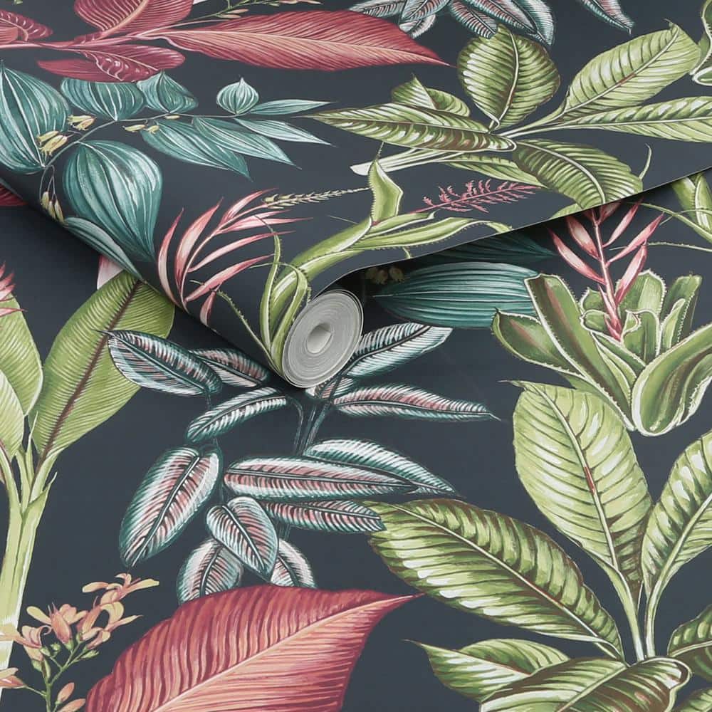 Fantasy Rainforest Leaves Navy Matte Botanical Wallpaper Roll