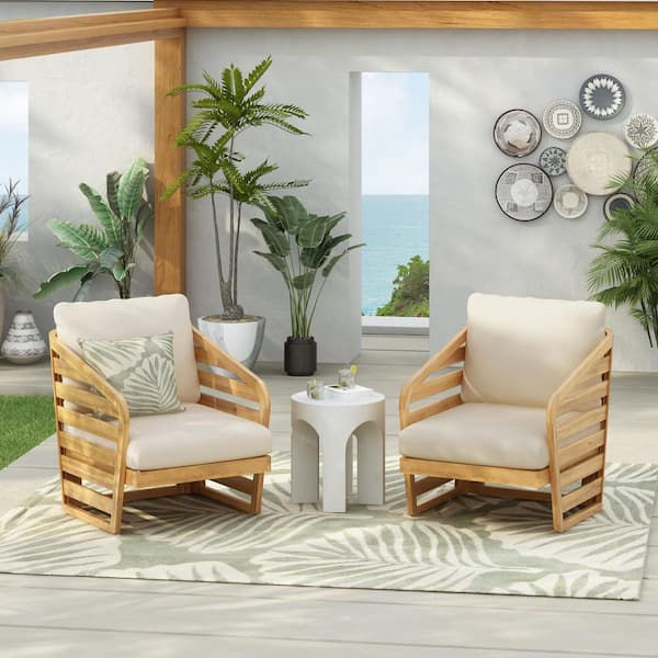 Venteb Teak Finish Acacia Wood Patio Outdoor Lounge Chair with Beige Cushions, Slat Back, Set of 2