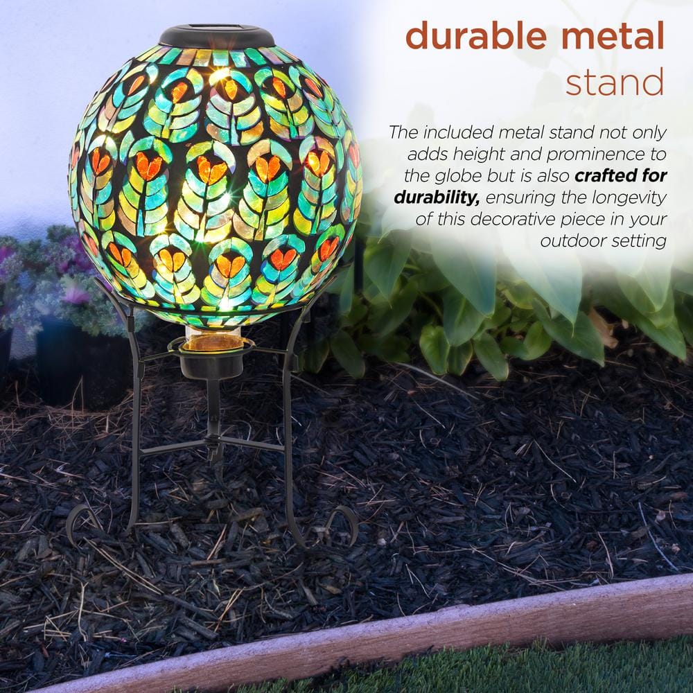 Solar Multicolor Glass Peacock Feather Mosaic Gazing Globe with Metal Stand