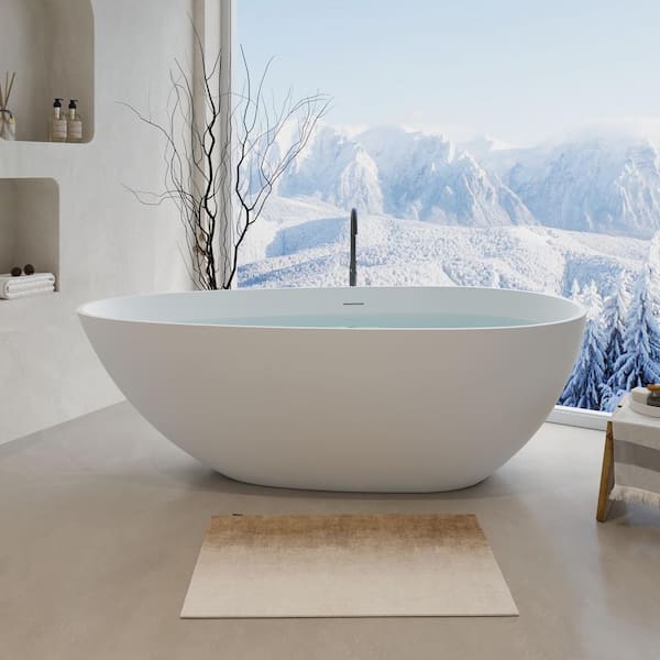 67 in. x 33.5 in. Solid Surface Flatbottom Freestanding Bathtub Contemporary Oval Soaking Bathtub in Matte White