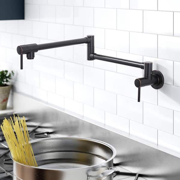 Double-Handle Wall Mount Pot Filler Faucet with in Oil Rubbed Bronze
