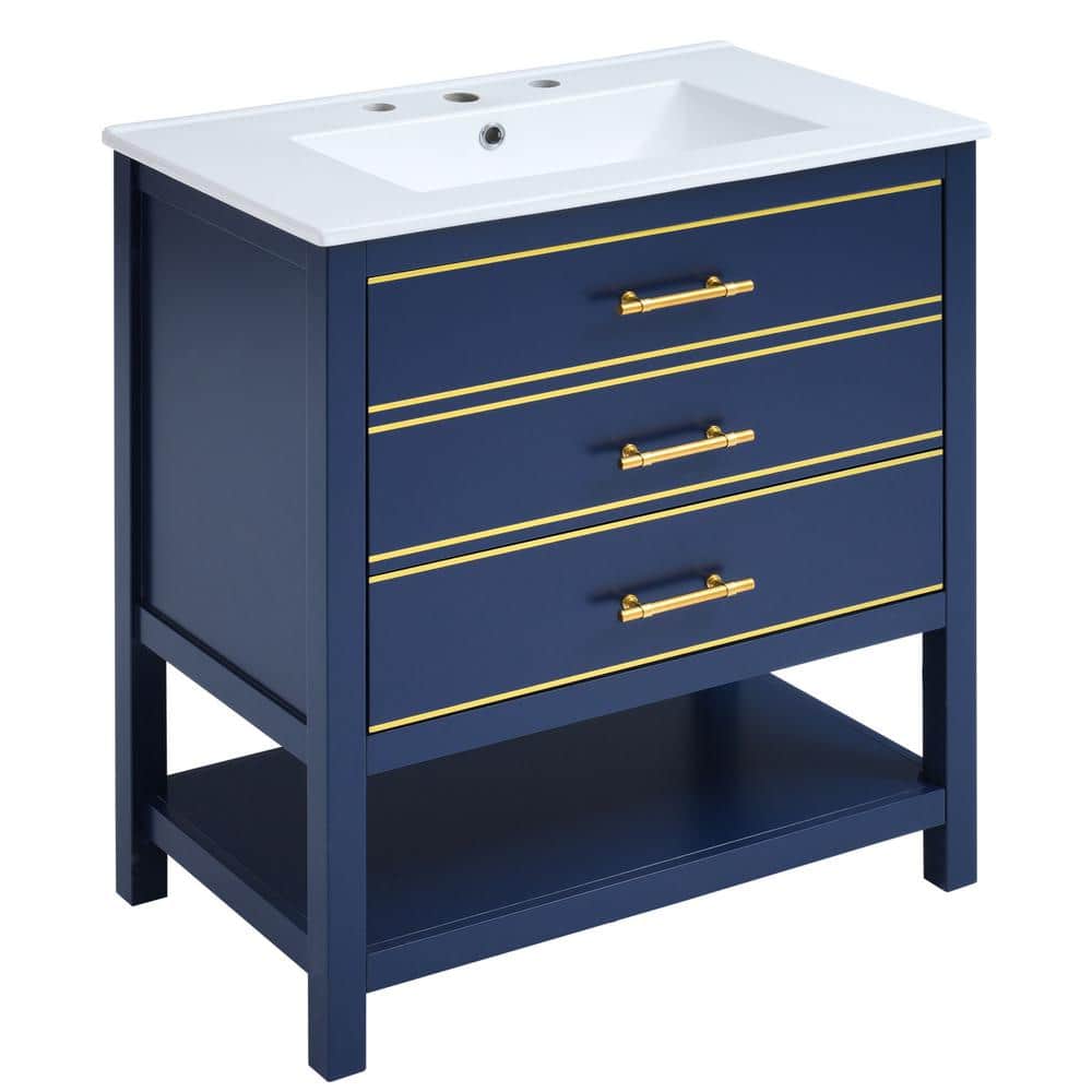 Sarlai 30 in. W x 18 in. D x 34 in. H Freestanding Bath Vanity in Navy Blue with White Ceramic ...