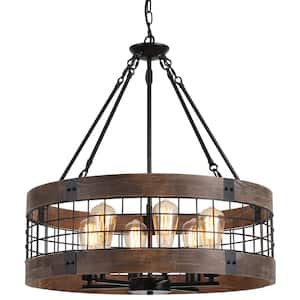Modern 6-Light Caged Farmhouse Chandelier with Natural Wood Accents