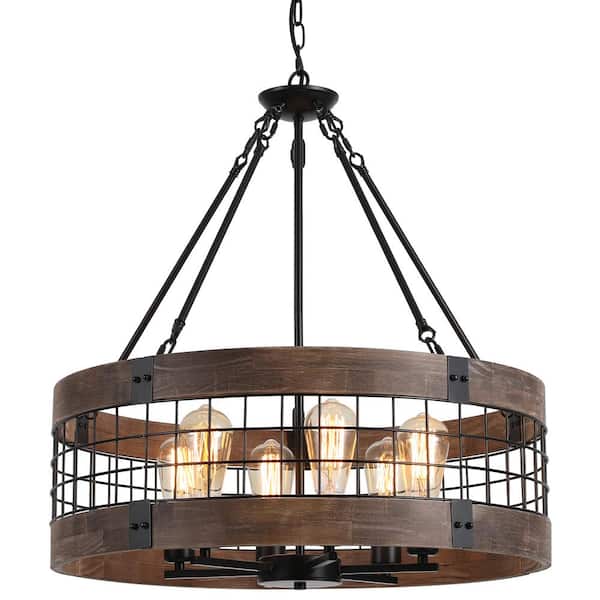 23.6 in. 6-Light Brown Caged Farmhouse Drum Island Chandelier with Wood Accents