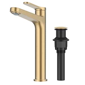 Indy Single Handle Vessel Sink Faucet in Spot-Free Brushed Brass with Pop Up Drain and Supply Lines