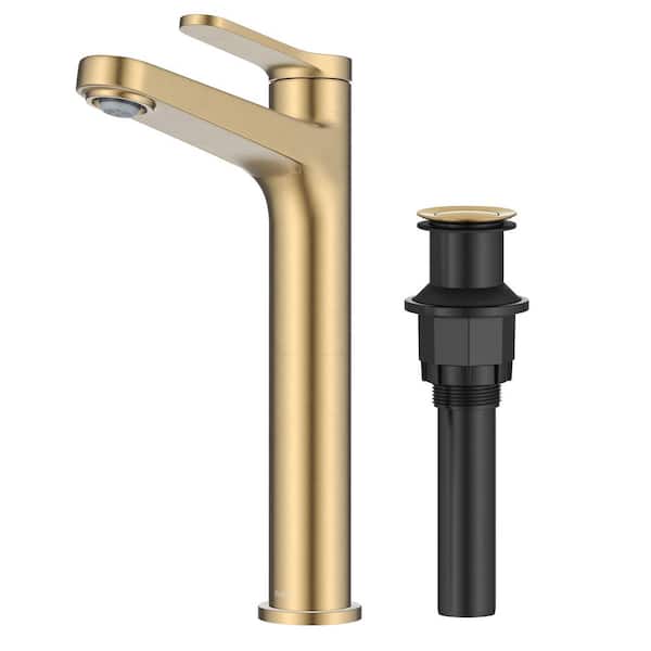 KRAUS Indy Single Handle Vessel Sink Faucet in Spot-Free Brushed Brass with Pop Up Drain and Supply Lines