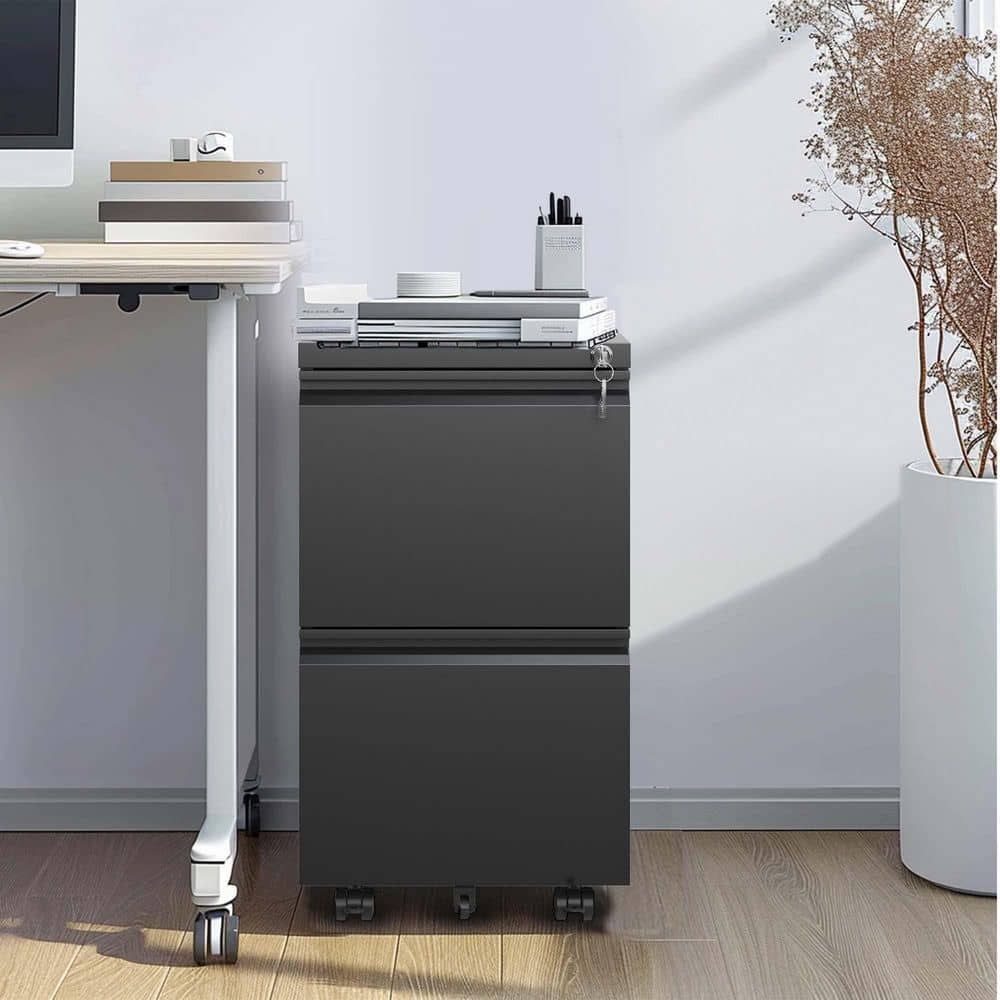 2-Drawer Black Metal 14.69 in. W Under Desk Pedestal File Cabinet w/ Wheels, Rolling File Cabinet with Lock
