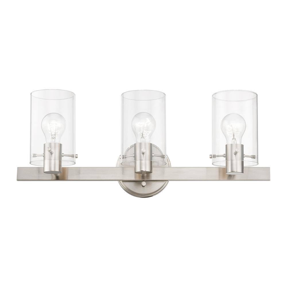 Munich Brushed Nickel 3-Light Vanity with Clear Glass Shades